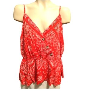 JUSTIFY Bandana V Neck Cami Tank Faux Wrap Button Front Top Red Paisley Size 1X‎